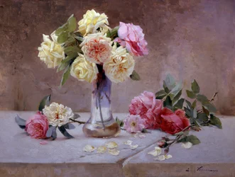 Csendélet rózsaszín és sárga rózsákból. Emile Vernon (1872-1919) festménye Magángyűjtemény.