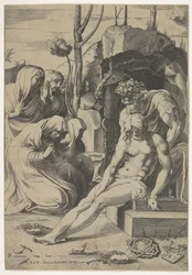 Krisztus síremléke, akinek mellkasát Arimatheai József fogja meg, két térdelt és..., 1543.