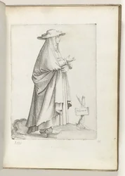 spanyol m(ulier) (cím a tárgyon) Vrouw naar rechts, spanyol nyelven: kleding. kb. 1550 Korunk különböző nemzeteinek attitűdjei (sorozat címe)