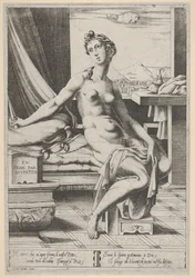 Lucretia meztelenül, ablak előtt ülve, jobb kezében tőrrel és d...-t tartva, kb. 1535-67