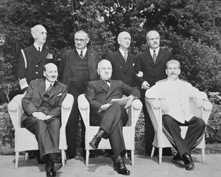 Clement Attlee (1883-1967) President Harry S. Truman (1884-1972) and Joseph Stalin (1879-1953) at the Potsdam Conference