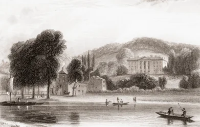 19. századi kilátás a Beaumont Lodge-ról, Old Windsor, Berkshire, Anglia. 1854-ben eladták a Jézus Társaságának, és átnevezték a Beaumont College-nak, egy jezsuita állami iskolának. Churton 1836-ban kiadott Portré és tájképtárából.