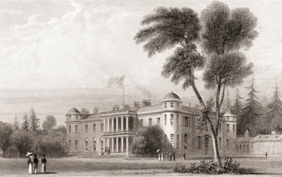 19. századi kilátás a Goodwood House-ra, Nyugat-Sussex, Dél-Anglia. Churton 1836-ban megjelent Portré- és Tájképtárából.