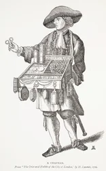 Egy Chapman, a The Cries and Habits of the City of the London, M. Lauren, 1709, előlapi illusztráció a Chap-books of the Eightenth Century-ből, John Ashton, pub. 1882