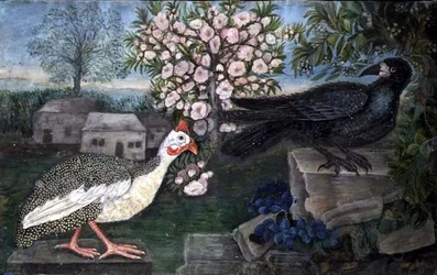 Gyöngytyúk és bástya a tájban, 1800 körül (akvarell, gouache papíron)