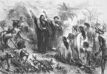 Egy jezsuita misszionárius prédikál az indiánok törzsének, illusztrációja James Aitken Wylie (1808-1890) A protestantizmus története című könyvéből, pub. 1878