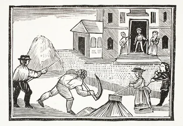 Kaszával füvet nyíró ember, aki mindent megtett maga előtt, illusztráció a Chap-books of the Eighteenth Century-ből, John Ashton, pub. 1882