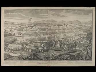A skóciai Culloden közelében fekvő Drumossie Moor-i csata ábrázolása, 1746. április 16., kiadta Henry Overton, 1746. június 30.