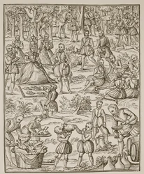 Királyi piknik, tányér a Noble Art of Venerie and Hunting-ból, George Turberville, 1575 (szépia fotó)