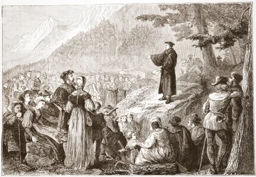 Egy svájci reformátor prédikál a nyájnak a nyílt terepen, illusztrációja James Aitken Wylie (1808-1890) A protestantizmus történetéből, pub. 1878