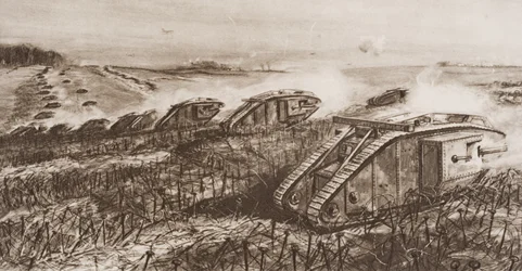 Tanktámadás a franciaországi Cambraiban, illusztráció H. G. Wells „A történelem körvonalai” című művéből, 1920-ban megjelent II.