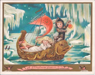 Viktoriánus karácsonyi üdvözlőlap egy lánytündérről, amint egy díszes delfinhajóban alszik a fagyos tengeren, miközben egy fiútündér lámpát tart, 1880 körül (színes litó)