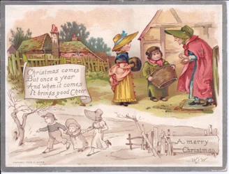 Viktoriánus karácsonyi üdvözlőlap egy idős nőről, két gyerekkel egy farmon, 1880 körül (színes litó)
