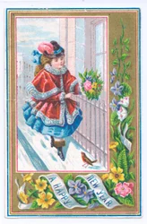 Viktoriánus újévi üdvözlőlap egy szőrmével bélelt köpenybe öltözött lányról, aki virágcsokorral sétál a hóban, 1880 körül (színes litó)