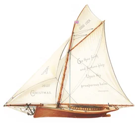 Viktoriánus korabeli háromdimenziós karácsonyi kártya vitorlás hajóval, 1880 körüli (színes litográfia)
