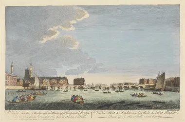 Kilátás a London-hídra az ideiglenes híd romjaival az 1758. április 11-i tűzvész után (színes metszet)