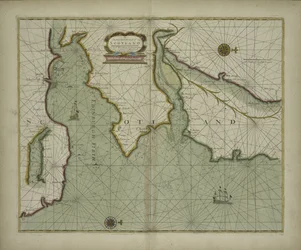 Skócia keleti partjának térképe egy tengeri atlaszból, amely a világ ismert részei legtöbb partvidékének hidrográfiai leírását tartalmazza, Samuel Thornton, 1707 (kézzel színes nyomtatás)