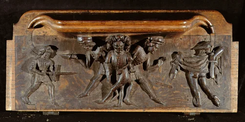 Egy sérült nyomorúság, amely három férfit ábrázol, akik tőrrel és karddal harcolnak, New College Chapel, Oxford, 14. század vége (fa)