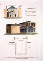 Gótikus részletekkel díszített üvegház egy neoklasszikus stílusú házhoz csatolva Richard Dickinson Esq számára Hendonban, Middlesexben, 1806