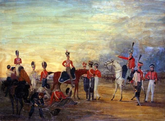 A Yorkshire Yeomanry lovas és lovas tiszteinek és embereinek egy csoportja különféle öltözékben, 1820 körül