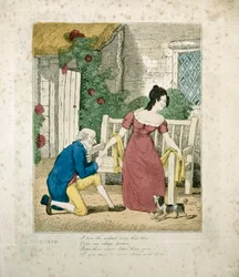 Kézzel színezett litografált jelenet egy férfiról, aki megkívánkozik, 1800 körül