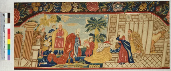 Egy sátoröltésben finoman kidolgozott kézimunka kanapéülés, amely a Mágusok imádását ábrázolja, 1730 körül