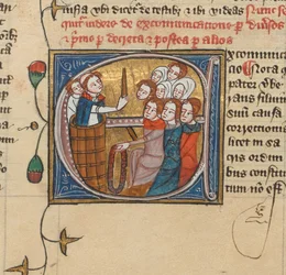 Egy pap, aki gyertyát emelve kiátkozza az embereket, Royal MS 6 E VII, f.75v (vellum)