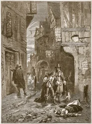 Egy utca Londonban a nagy pestisjárvány idején, illusztráció a Cassells Illustrated History of Englandből (szépia fotó)