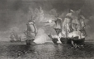Akció Bonhomme Richard és a Serapis között, 1779. szeptember 23. (metszet)