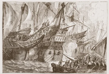Akció a spanyol flotta és a tengeri koldusok hajói között, illusztráció: James Aitken Wylie (1808-1890) A protestantizmus története című könyvéből, pub. 1878