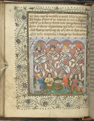 Add hozzá 10302 fol.32v Geber alkimisták (i.sz. 800 vagy 900), Arnold of Villanova, Rhasis és Hermes Trismegistus, Thomas Norton „The Ordinal of Alchemy” című művéből, 1477 körül (vellum)