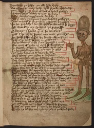 Add hozzá 37049 f.32 Egy vigyorgó, integető és magas kalapot viselő csontváz peremképe, „Makabre hajnala” 1460-1500 körüli képe (tinta és szín pergamen)
