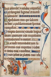Hozzáadás. 42130, f.101, 54. zsoltár, Arkangyalok harcolnak az ördöggel, a „Luttrell Zsoltárból”, 1325-35 körül (vellum)