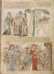 Hozzáadás. 47682, f.30, Júdás visszaadja a harminc ezüstöt; Júdás halála; Krisztus Pilátus és Heródes előtt, Holkham Biblia Képeskönyvéből, 1320-30 körül (vellum)