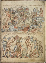 Add hozzá 47682 f.40 A bannockburni csatában harcoló társak és közemberek a „Holkham Bible”-ből, 1320-30 körül (vellum)