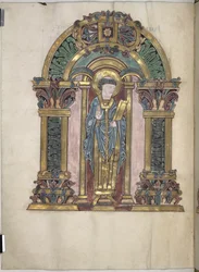 Hozzáadás. 49598, f.97v, St Swithun, Szent Aethelwold áldása, 971-984 (vellum)