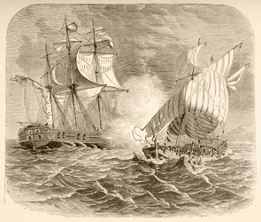Egy amerikai haditengerészet hajója elfog egy algériai kalózhajót a Barbary Coastnál az első barbár háború (litho) idején