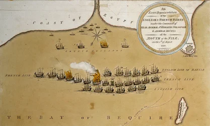 A Nelson ellentengernagy parancsnoksága alatt álló angol és francia flották pontos ábrázolása a Nílus torkolatánál (színes rézkarc)