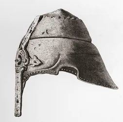 Egy korai 12. századi orrsisakra, a The British Army: Its Origins, Progress and Equipment című könyvéből, 1868-ban.