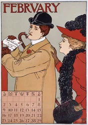 Egy elegáns pár (a férfi levelet küld), angol naptárkép, február hónap, n.d. század vége.