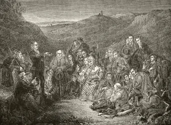 A Scottish Covenanters szabadtéri találkozója William Hickman Smith Aubrey (1858-1916) „Anglia nemzeti és hazai története” című könyvéből, London, 1890 körül.