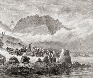 Szabadtéri szolgáltatás Skye szigetén, Belső Hebridákon, Samuel G. Green 1886-ban megjelent „Skót tollal és ceruzával rajzolt képek” című művéből.