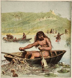 Ősi brit a csónakjában, kocsmában. 1890 (színes litográfia)