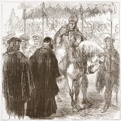 Arundel érsek Oxfordban, illusztráció: James Aitken Wylie (1808-1890) A protestantizmus története című könyvéből, pub. 1878