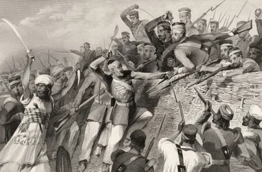 A lázadók támadása a Redan Battery ellen Lucknowban, 1857. július 30-án, az 1858-ban megjelent „The History of the Indian Mutiny” c.