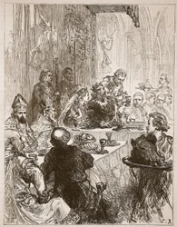 Bankett Henry és Provence-i Eleanor esküvőjén, illusztráció a Cassells Illustrated History of Englandből (szépia fotó)