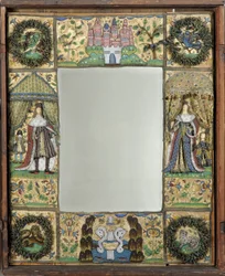 Gyöngyfűzött tükör, c. 1672-79 (selyem-, fém- és bőrszálak üveggyöngyökkel és spanglákkal, selyem-szatén köszörüléssel, tölgybe burkolva)