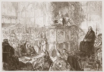 Lodi püspöke prédikál Husz perén, illusztráció: James Aitken Wylie (1808-1890), The History of Protestantism, pub. 1878