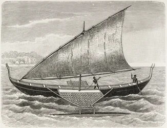 A Mortlock-szigetek csónakja, kitámasztókarral és vitorlával, a "The History of Mankind" 1. kötetéből, Friedrich Ratzel professzor, 1896