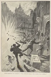 London bombázása: „A Ludgate Hillben a jelenet szörnyű volt”, a frontoldali illusztráció a „The Great War in England in 1897” című filmből, William Le Queux